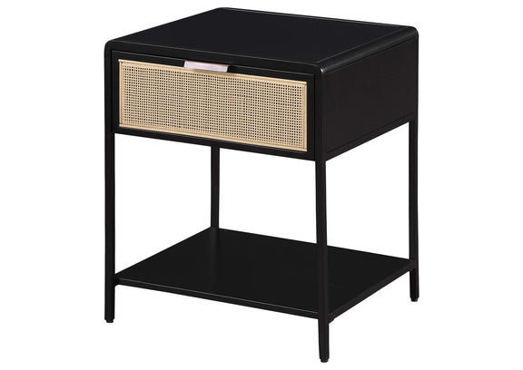 930235 Amherst 1-drawer Radio Weave Cane Metal Bedside Table Black