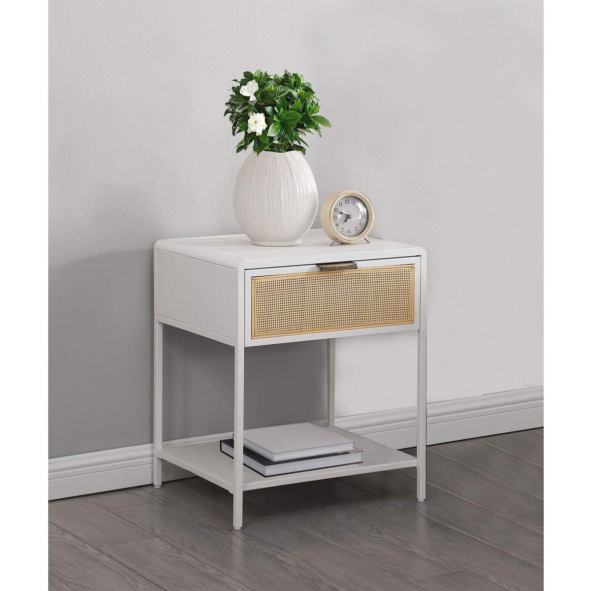 930236 Amherst 1-drawer Radio Weave Cane Metal Bedside Table White
