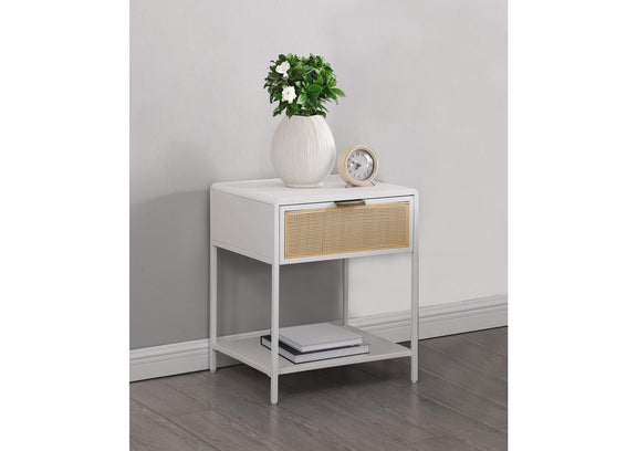 930236 Amherst 1-drawer Radio Weave Cane Metal Bedside Table White