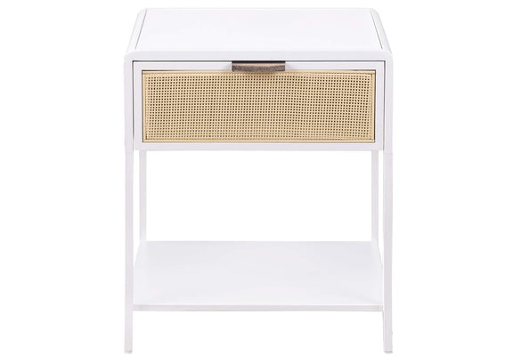 930236 Amherst 1-drawer Radio Weave Cane Metal Bedside Table White