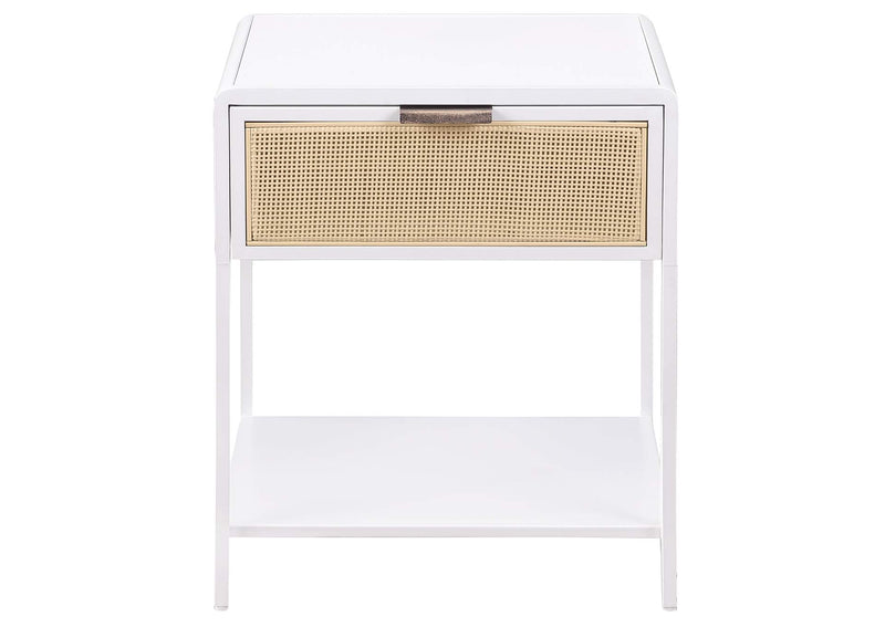 930236 Amherst 1-drawer Radio Weave Cane Metal Bedside Table White