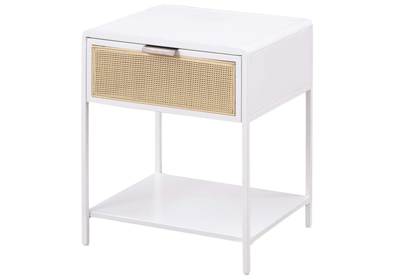 930236 Amherst 1-drawer Radio Weave Cane Metal Bedside Table White