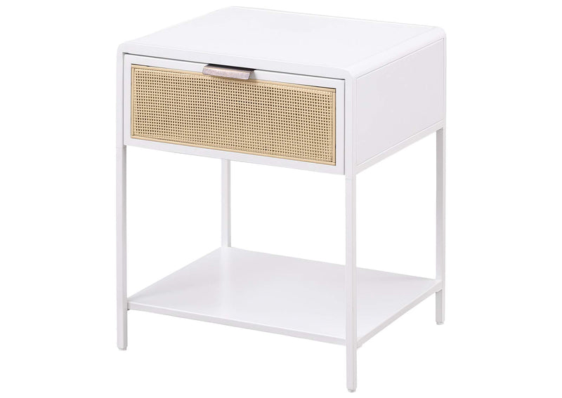 930236 Amherst 1-drawer Radio Weave Cane Metal Bedside Table White