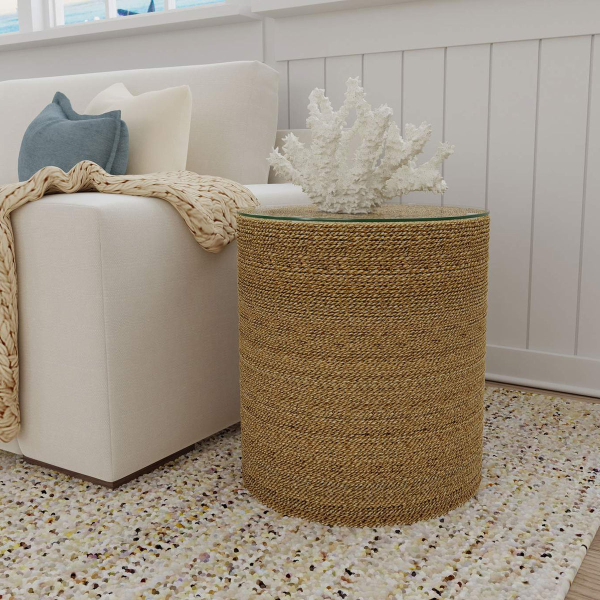930270 Halden Round Woven Seagrass Accent Side Table Light Brown