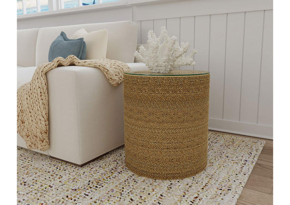 930270 Halden Round Woven Seagrass Accent Side Table Light Brown