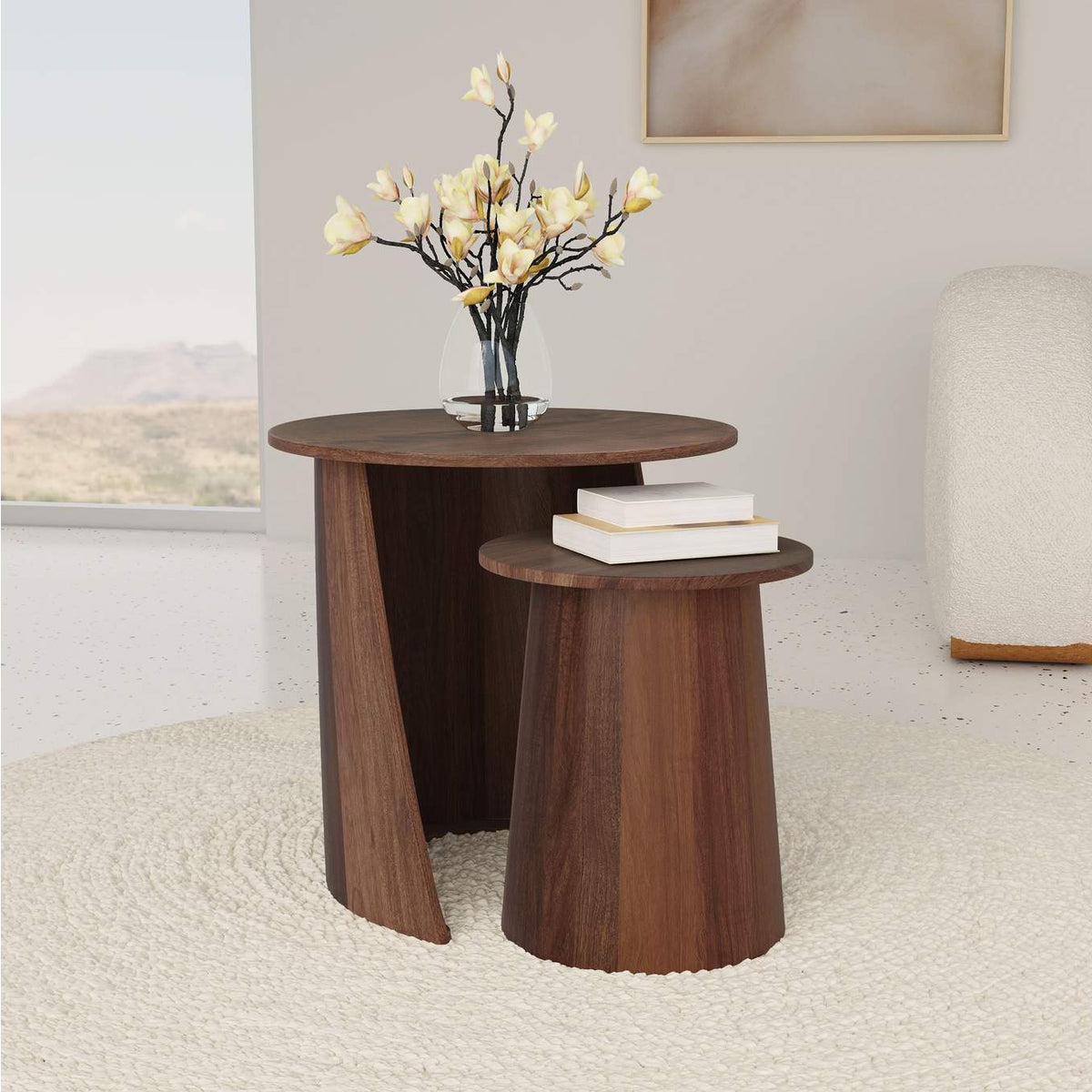 930330 Yency 2-piece Round Mango Wood Nesting Table Set Dark Brown Mango