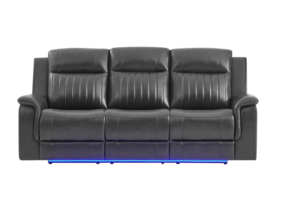 U8879-CHAR_W_BLK_WELT-PRS_W_LED&GL_SS U8879 BLANCHE CHARCOAL POWER REC SOFA W - LED & GLOBAL SURROUND SYSTEM