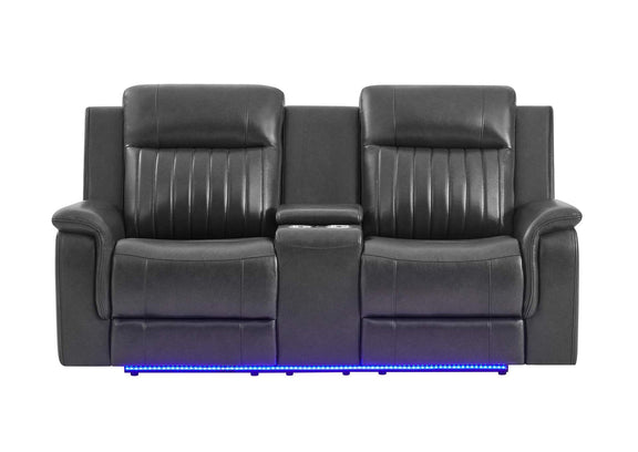 U8879-CHAR_W_BLK_WELT-PCRLS_W_LED&GL_SS U8879 BLANCHE CHARCOAL POWER CON REC LOVESEAT W - LED, GLOBAL SS & SUBWOOFER