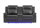 U8879-CHAR_W_BLK_WELT-PCRLS_W_LED&GL_SS U8879 BLANCHE CHARCOAL POWER CON REC LOVESEAT W - LED, GLOBAL SS & SUBWOOFER