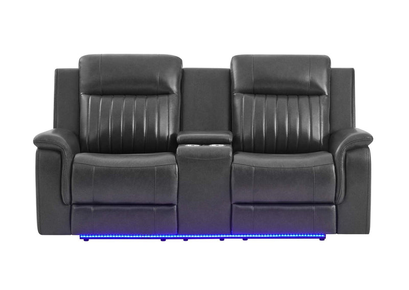 U8879-CHAR_W_BLK_WELT-PCRLS_W_LED&GL_SS U8879 BLANCHE CHARCOAL POWER CON REC LOVESEAT W - LED, GLOBAL SS & SUBWOOFER