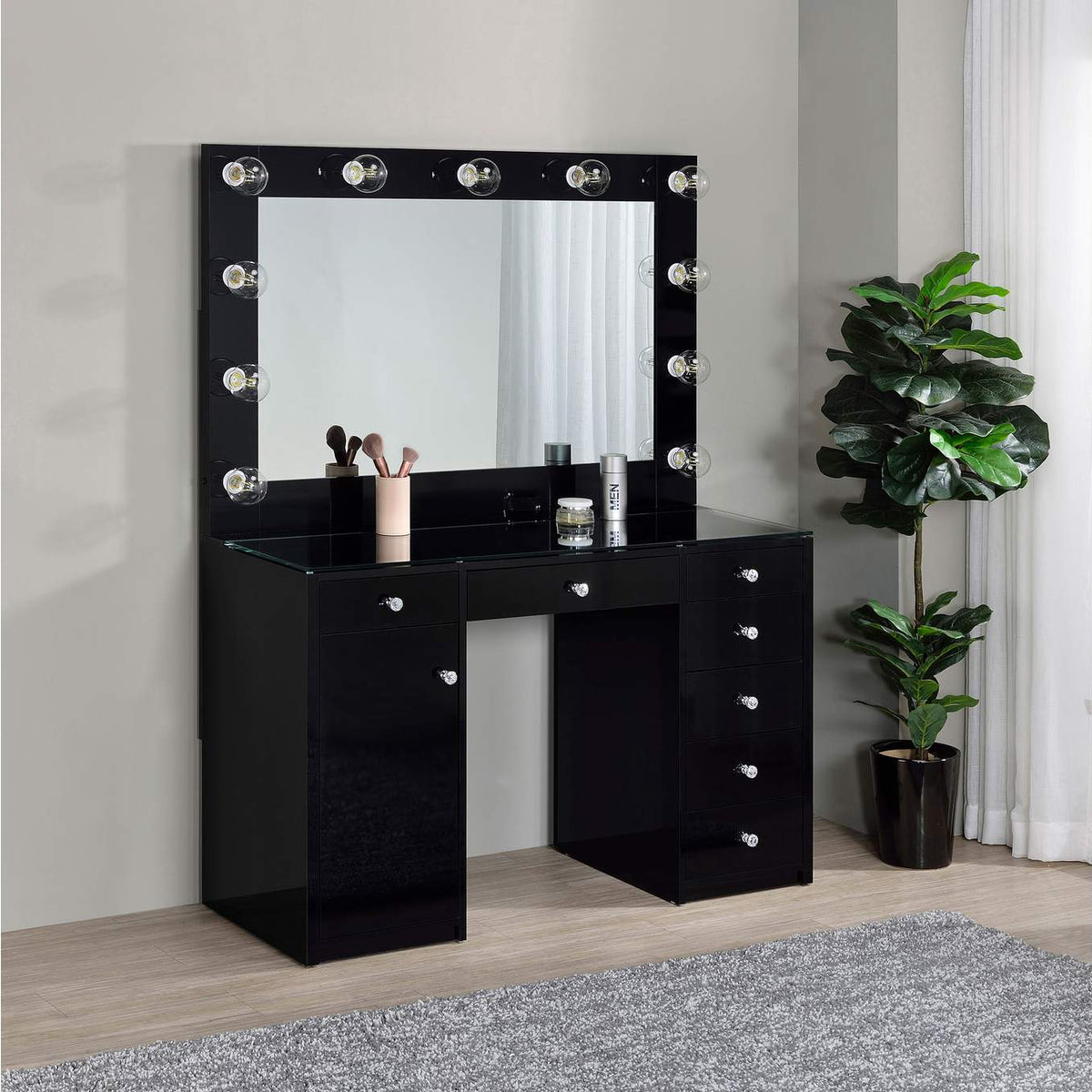 931144 Acena 7-drawer Vanity Set with Lighting Black High Gloss