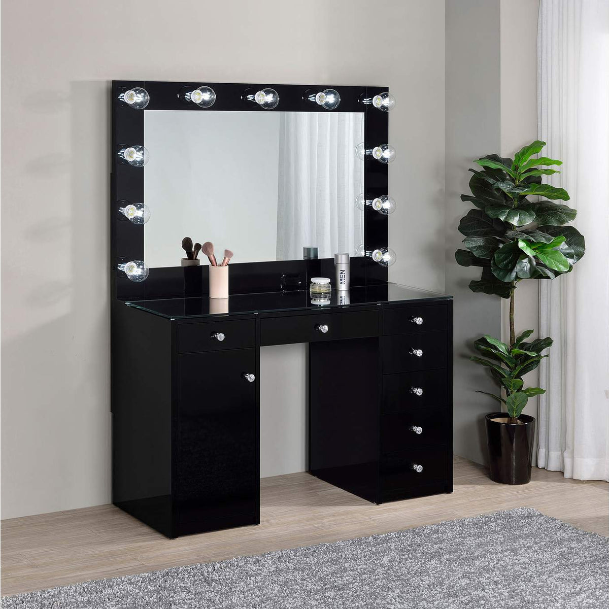 931144 Acena 7-drawer Vanity Set with Lighting Black High Gloss