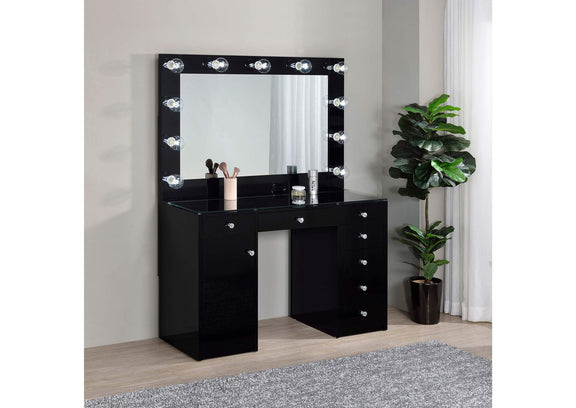 931144 Acena 7-drawer Vanity Set with Lighting Black High Gloss