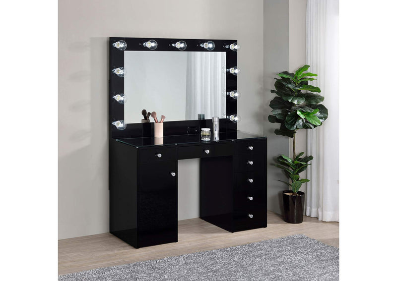 931144 Acena 7-drawer Vanity Set with Lighting Black High Gloss