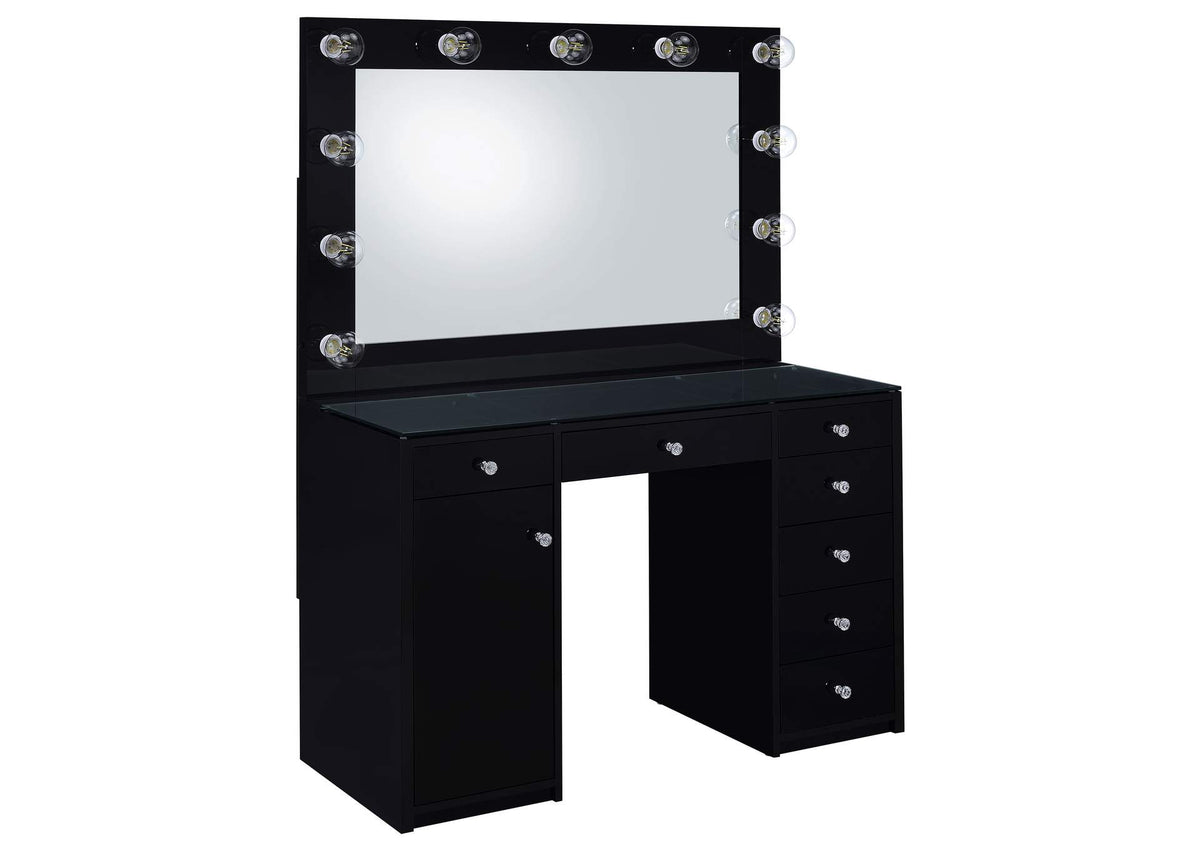 931144 Acena 7-drawer Vanity Set with Lighting Black High Gloss