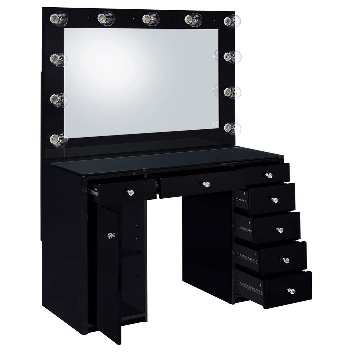 931144 Acena 7-drawer Vanity Set with Lighting Black High Gloss