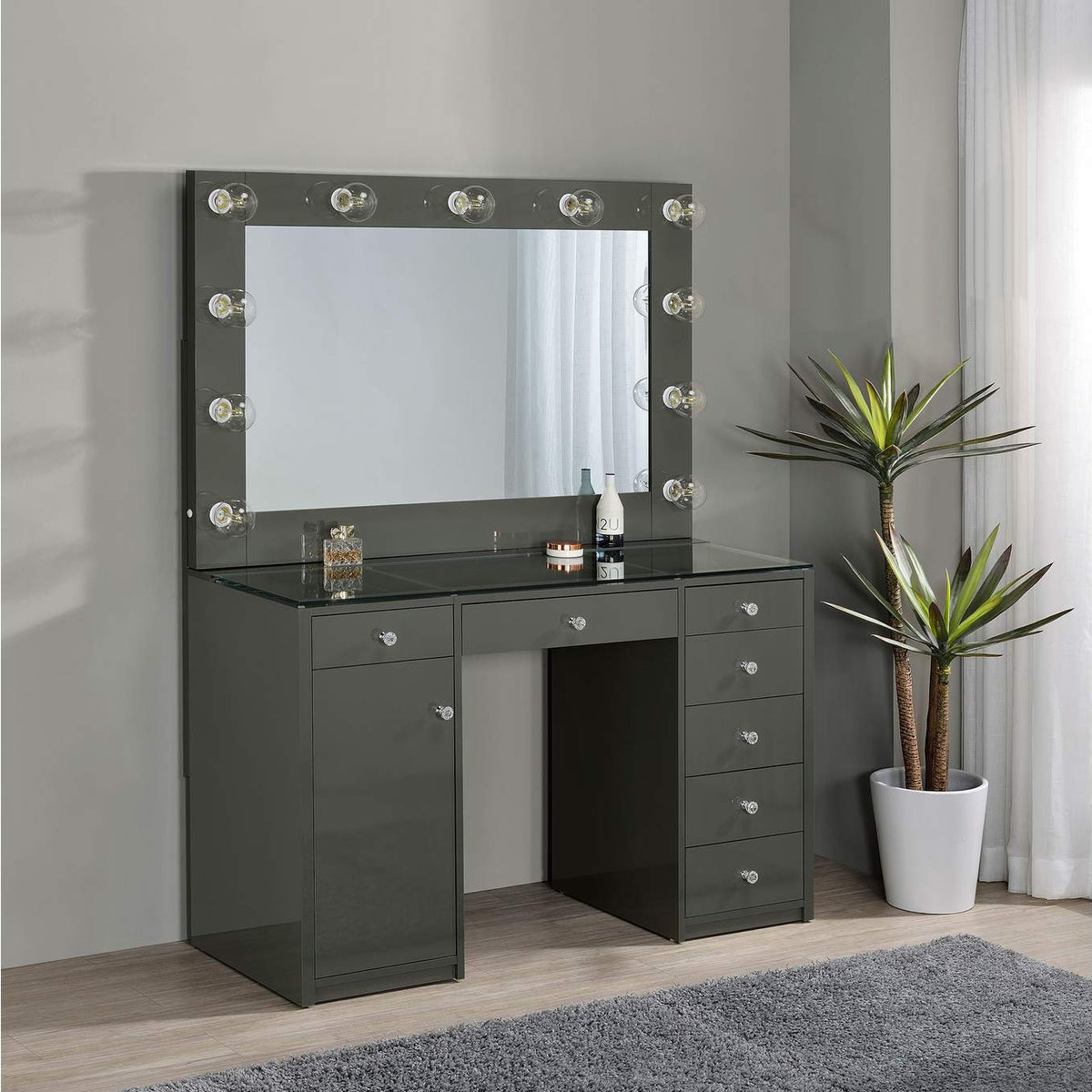 931145 Acena 7-drawer Vanity Set with Lighting Grey High Gloss