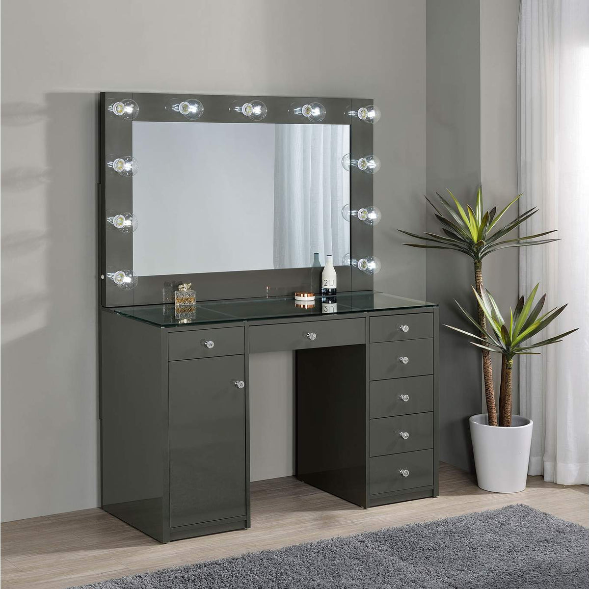 931145 Acena 7-drawer Vanity Set with Lighting Grey High Gloss