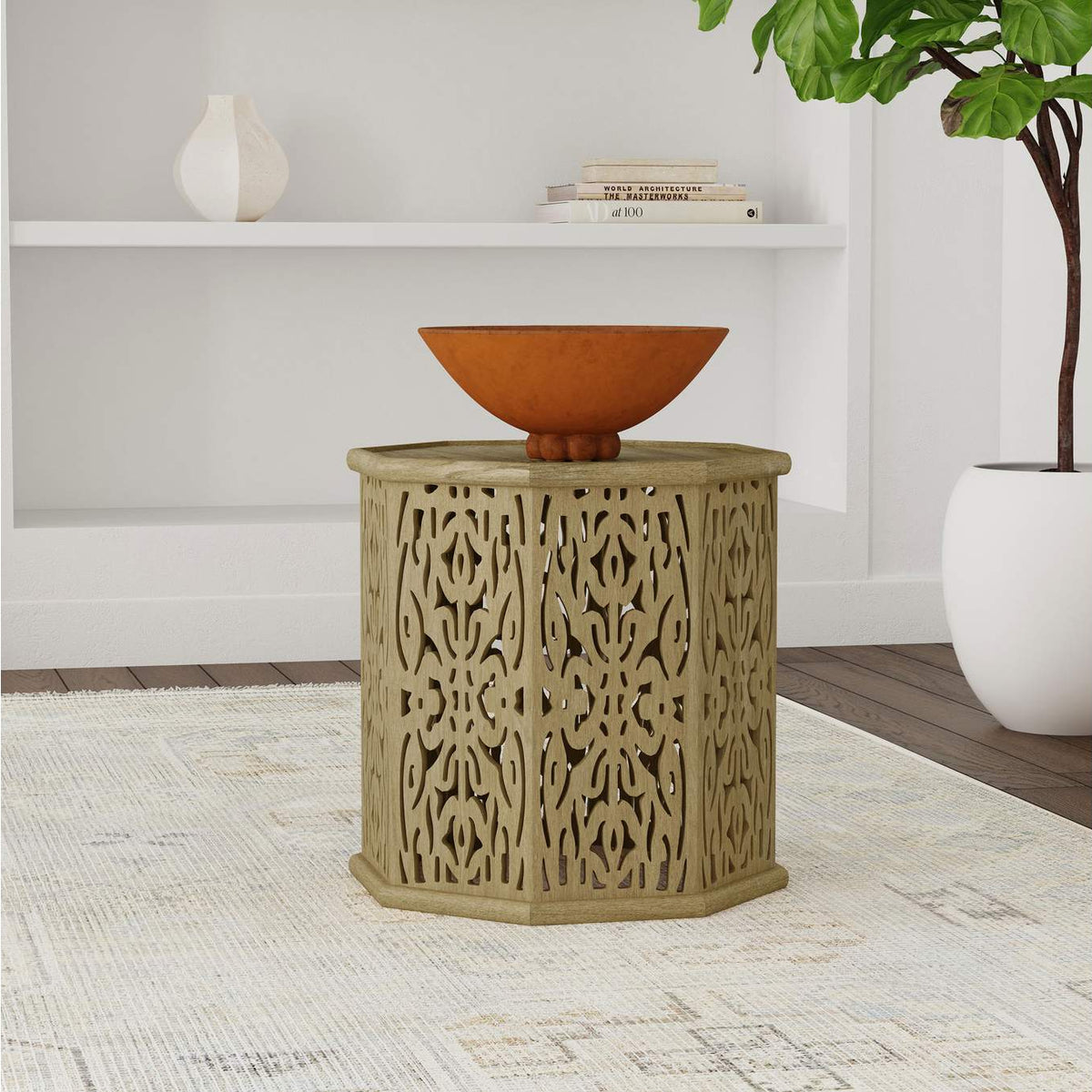 931148 Torres Octagonal Solid Mango Wood Side Table Natural Brown