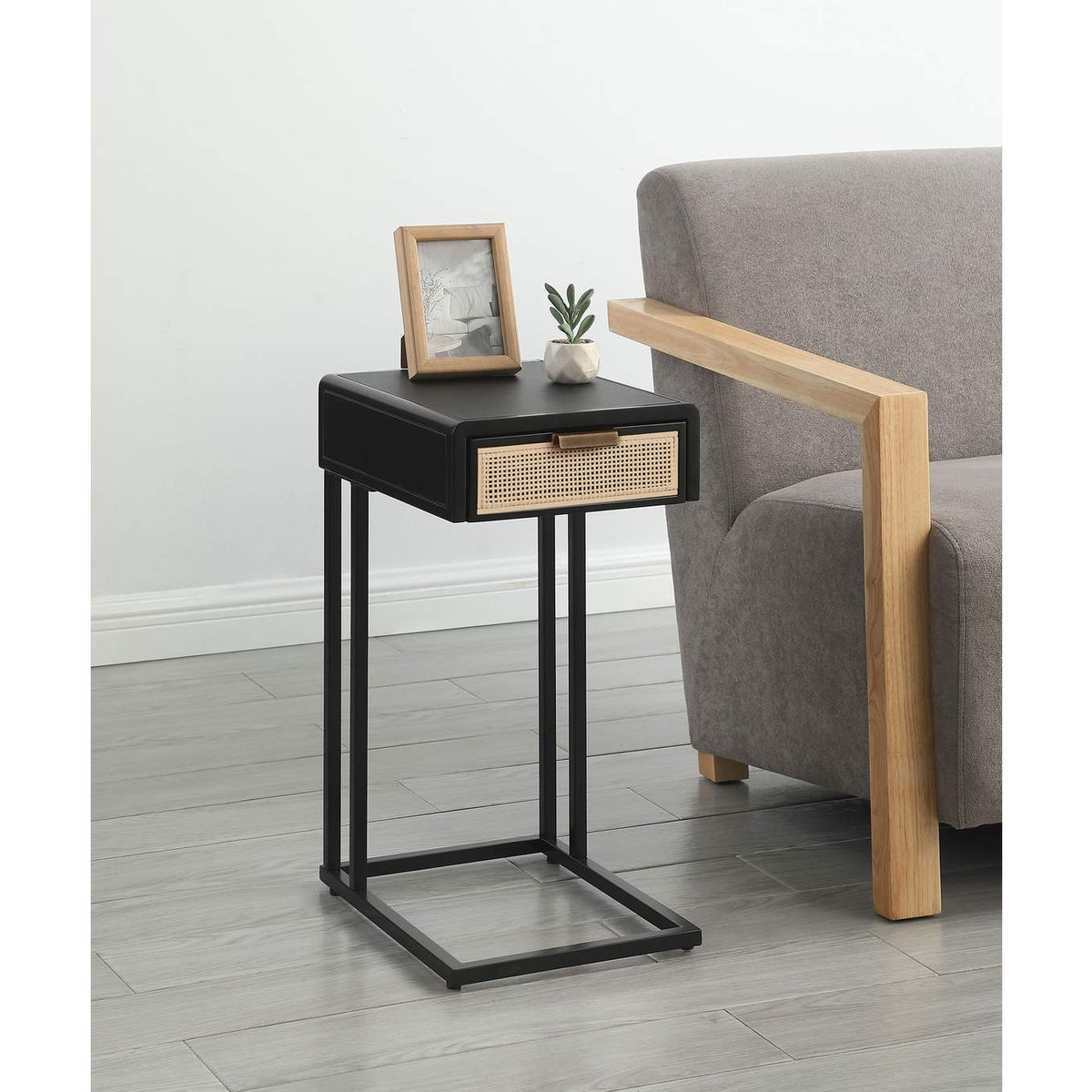 931631 Amherst 1-drawer Radio Weave Cane Metal Side Table Black