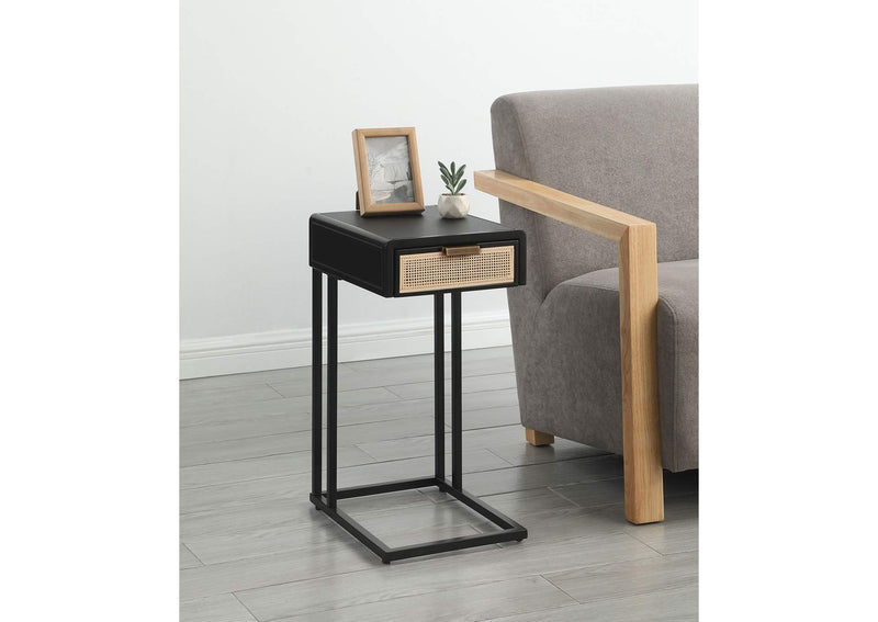 931631 Amherst 1-drawer Radio Weave Cane Metal Side Table Black
