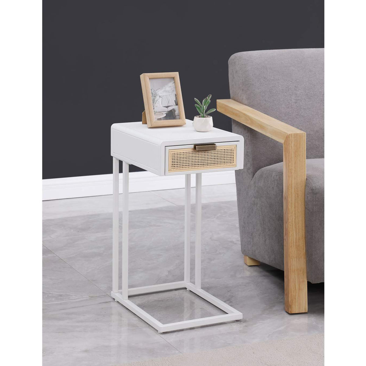 931632 Amherst 1-drawer Radio Weave Cane Metal Side Table White