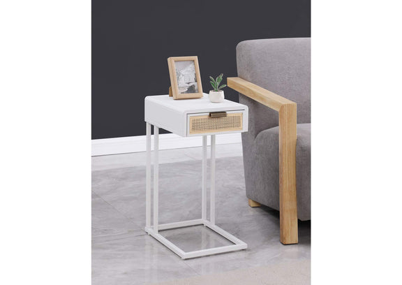 931632 Amherst 1-drawer Radio Weave Cane Metal Side Table White