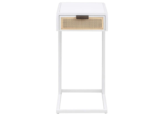 931632 Amherst 1-drawer Radio Weave Cane Metal Side Table White
