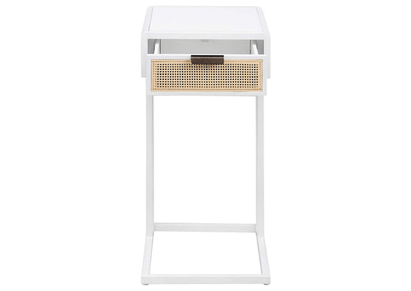 931632 Amherst 1-drawer Radio Weave Cane Metal Side Table White