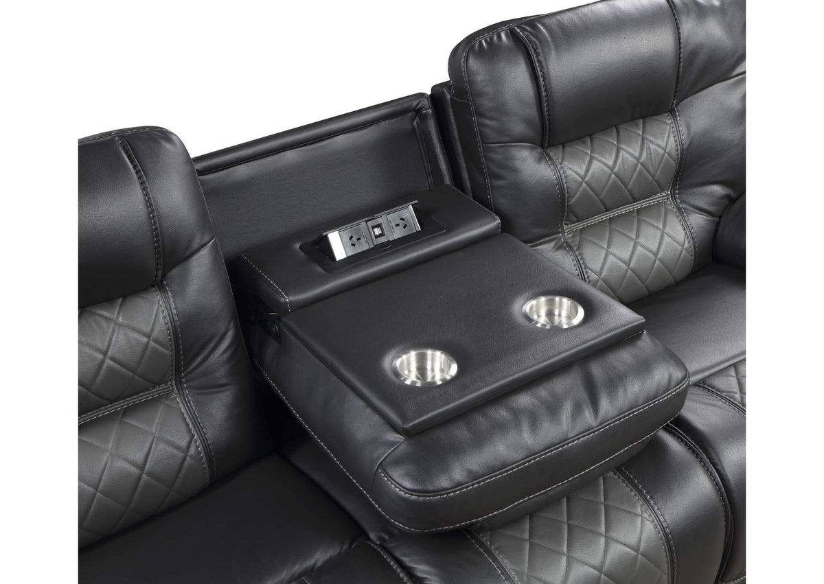 9388GRY-3 Fabian Double Reclining Sofa with Center Drop-Down Cup Holders, Receptacles and USB Ports