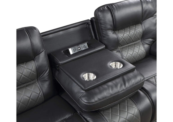 9388GRY-3 Fabian Double Reclining Sofa with Center Drop-Down Cup Holders, Receptacles and USB Ports