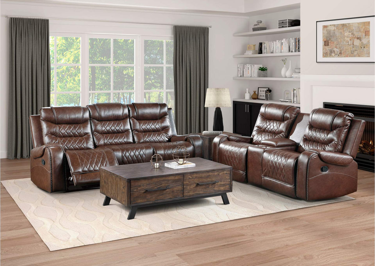 9405BR-3 Putnam Double Reclining Sofa with Center Drop-Down Cup Holders, Receptacles and USB Ports