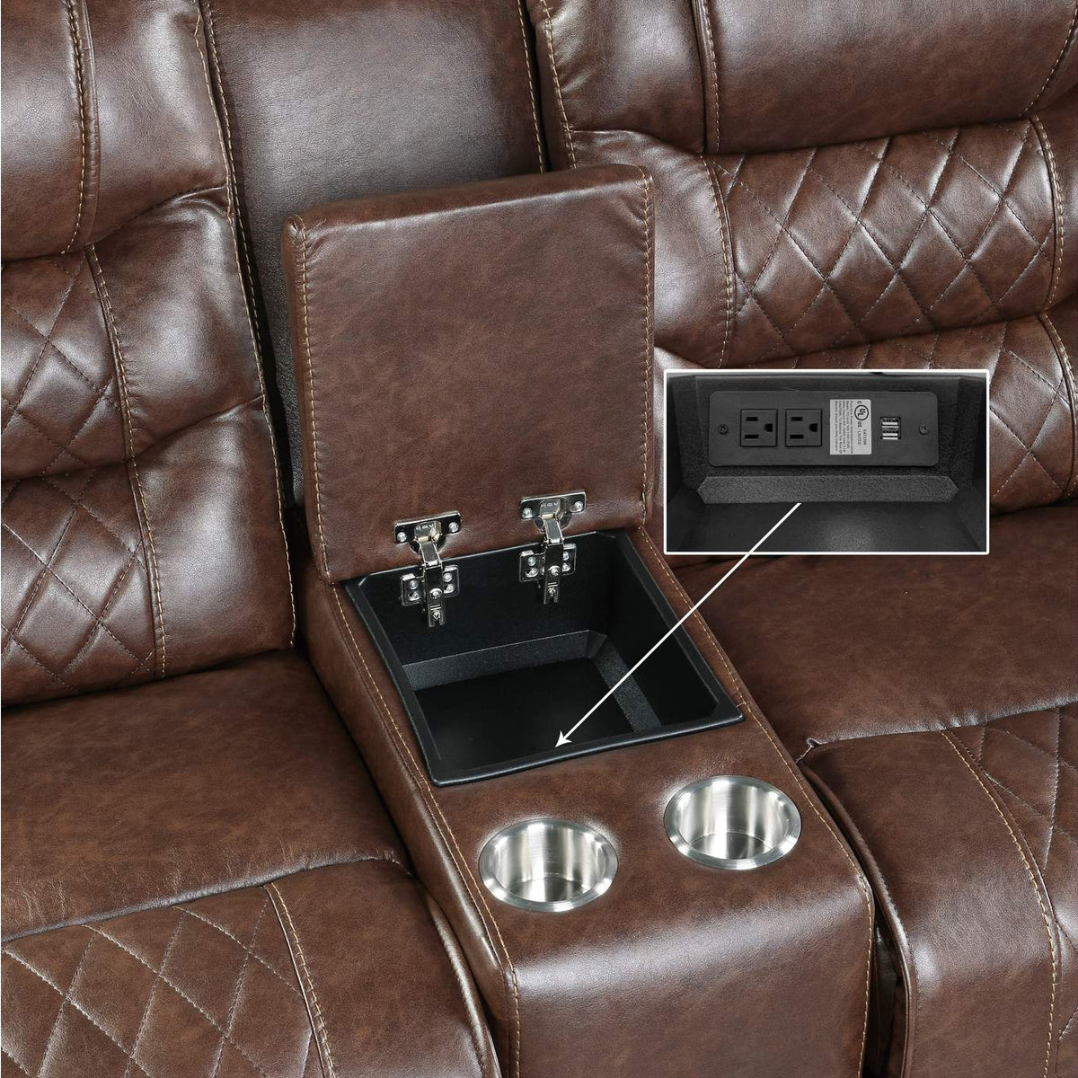 9405BR-2PW Putnam Power Double Reclining Love Seat with Center Console, Receptacles and USB Ports