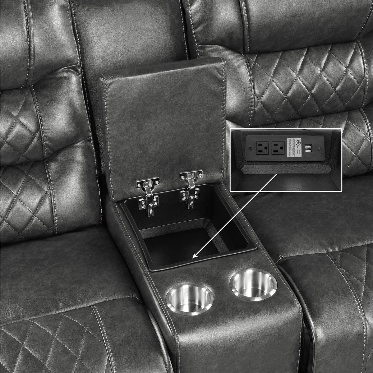 9405GY-2PW Putnam Power Double Reclining Love Seat with Center Console, Receptacles and USB Ports