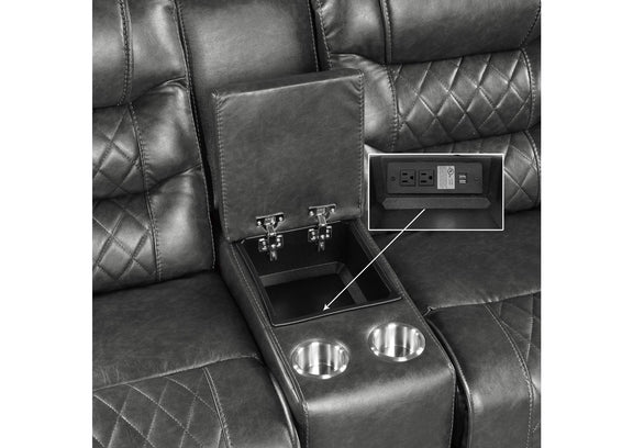 9405GY-2PW Putnam Power Double Reclining Love Seat with Center Console, Receptacles and USB Ports