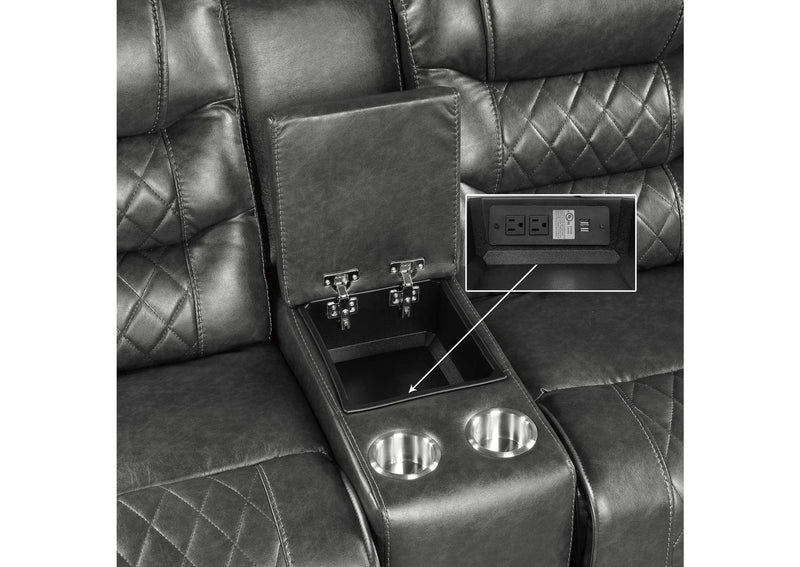 9405GY-2PW Putnam Power Double Reclining Love Seat with Center Console, Receptacles and USB Ports