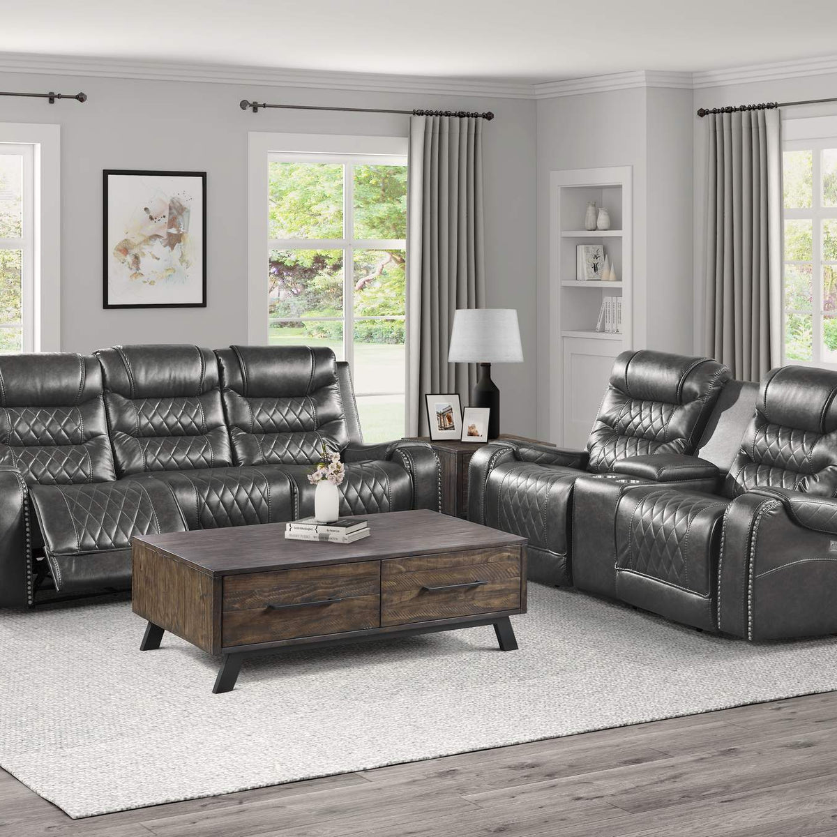 9405GY-3PW Putnam Power Double Reclining Sofa with Center Drop-Down Cup Holders, Receptacles and USB Ports