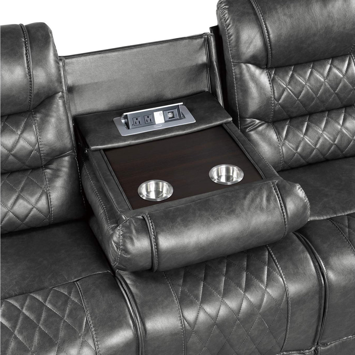 9405GY-3PW Putnam Power Double Reclining Sofa with Center Drop-Down Cup Holders, Receptacles and USB Ports