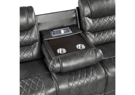9405GY-3PW Putnam Power Double Reclining Sofa with Center Drop-Down Cup Holders, Receptacles and USB Ports