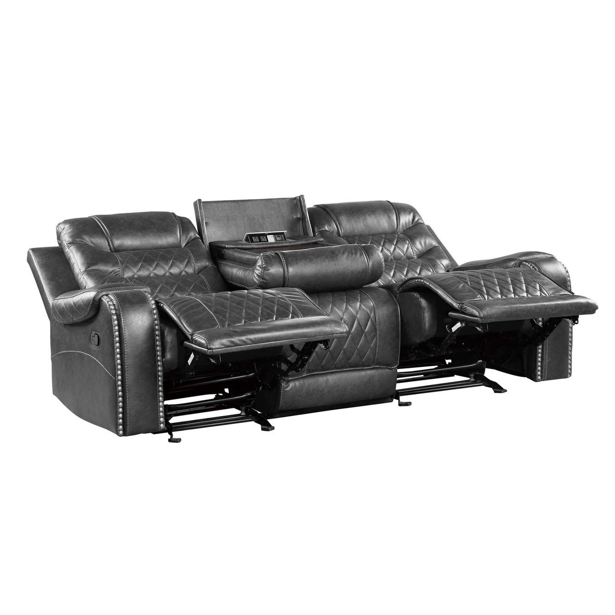 9405GY-3 Putnam Double Reclining Sofa with Center Drop-Down Cup Holders, Receptacles and USB Ports