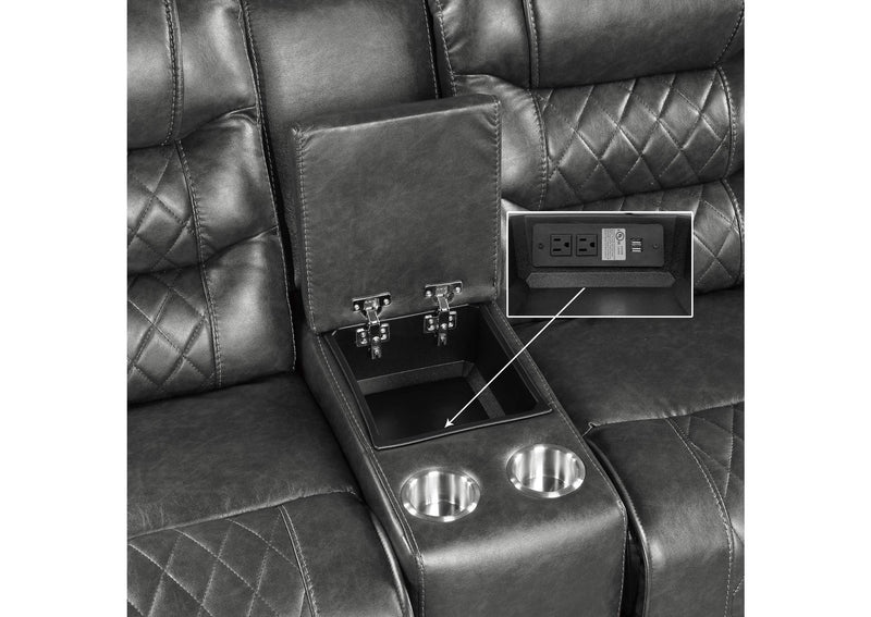 9405GY-2PW Putnam Power Double Reclining Love Seat with Center Console, Receptacles and USB Ports