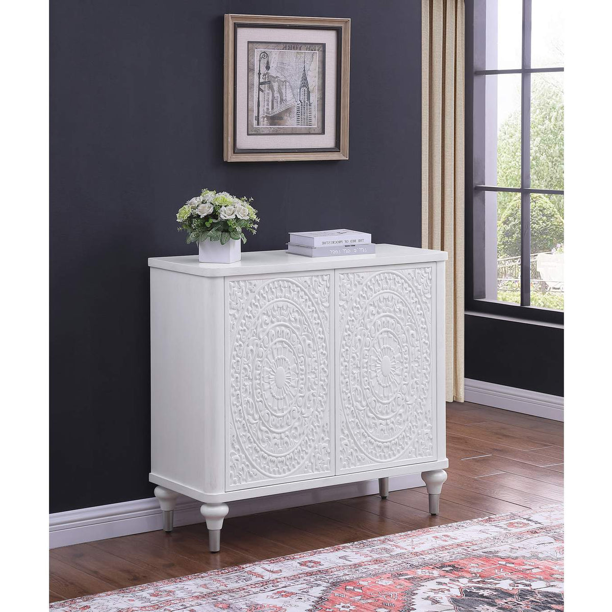 950411 Cardella 2-door Mandala Accent Cabinet Distressed White