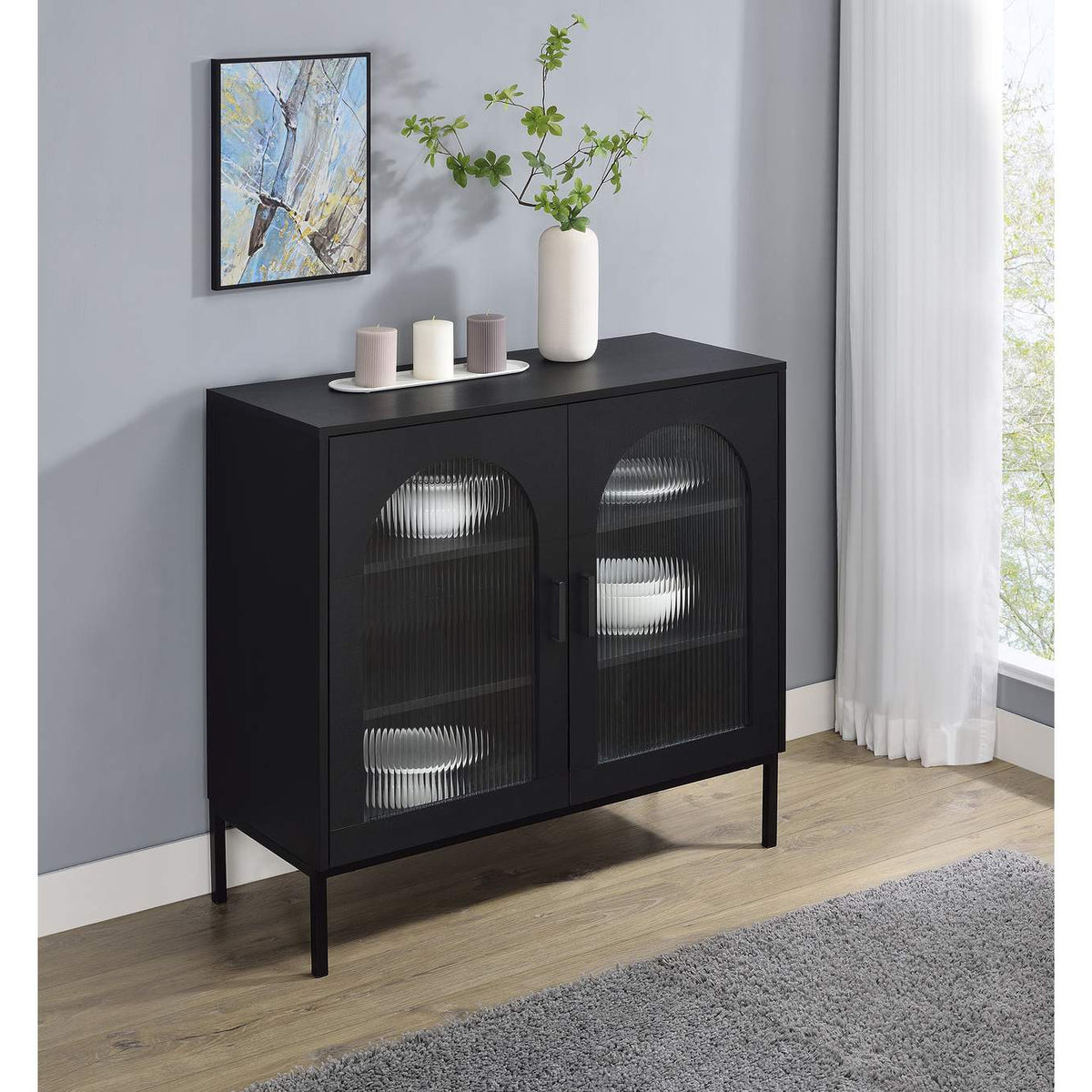 950420 Jess 2-door Arched Fluted Glass Accent Cabinet Black