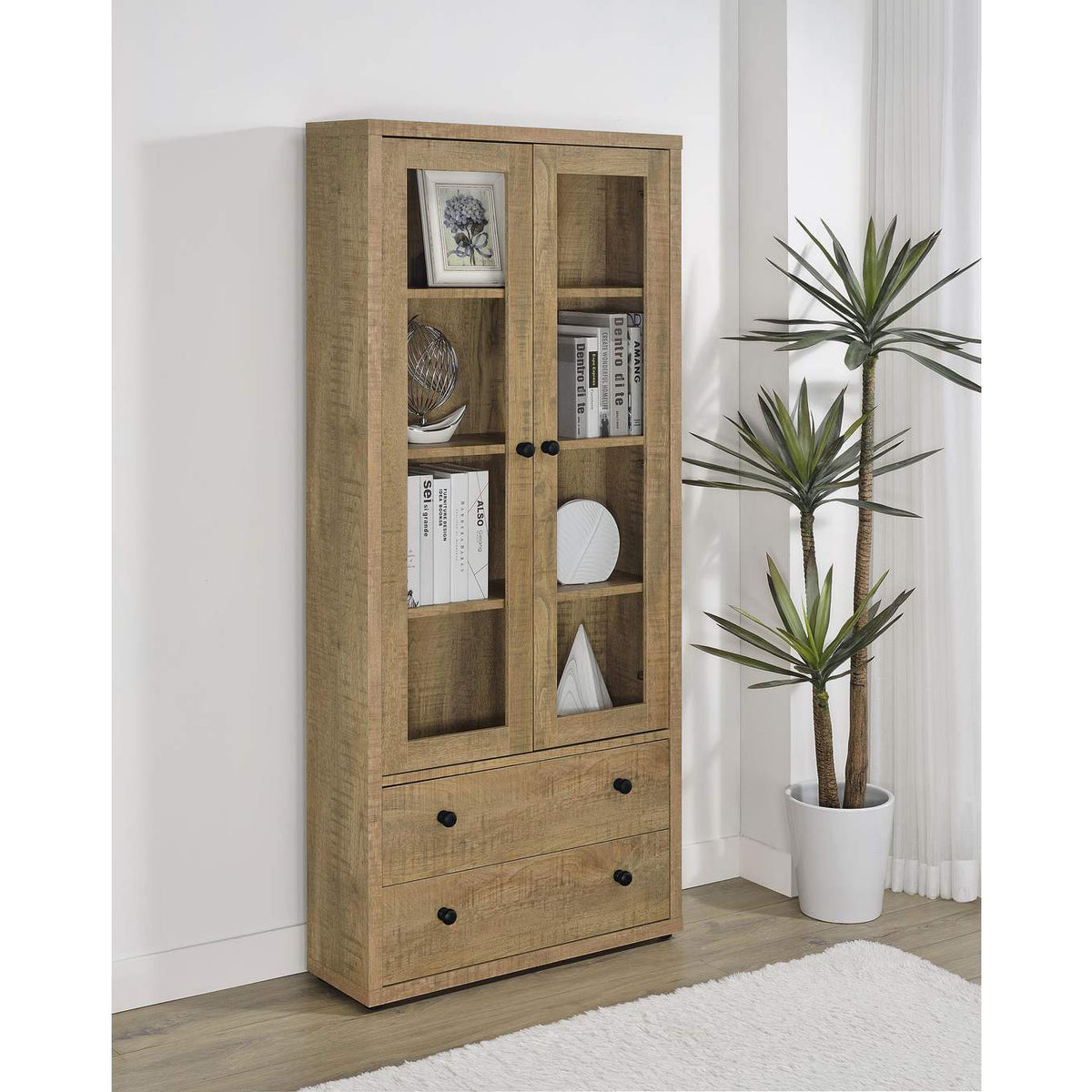 953479 Hawthorne 4-shelf Glass Door Tall Cabinet with Drawers Mango