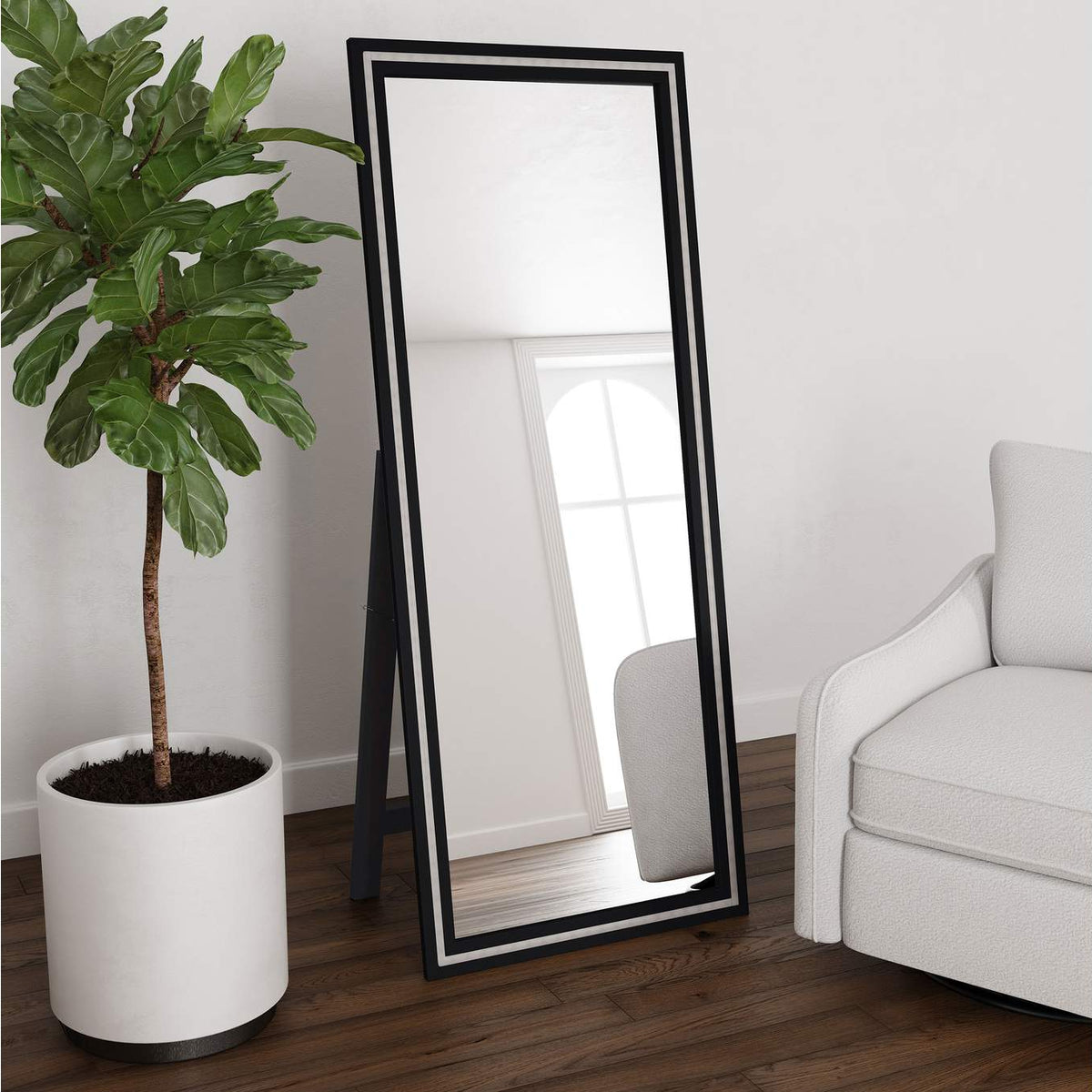 960962 Windrose 28 x 67 Inch Tempered LED Standing Mirror Black