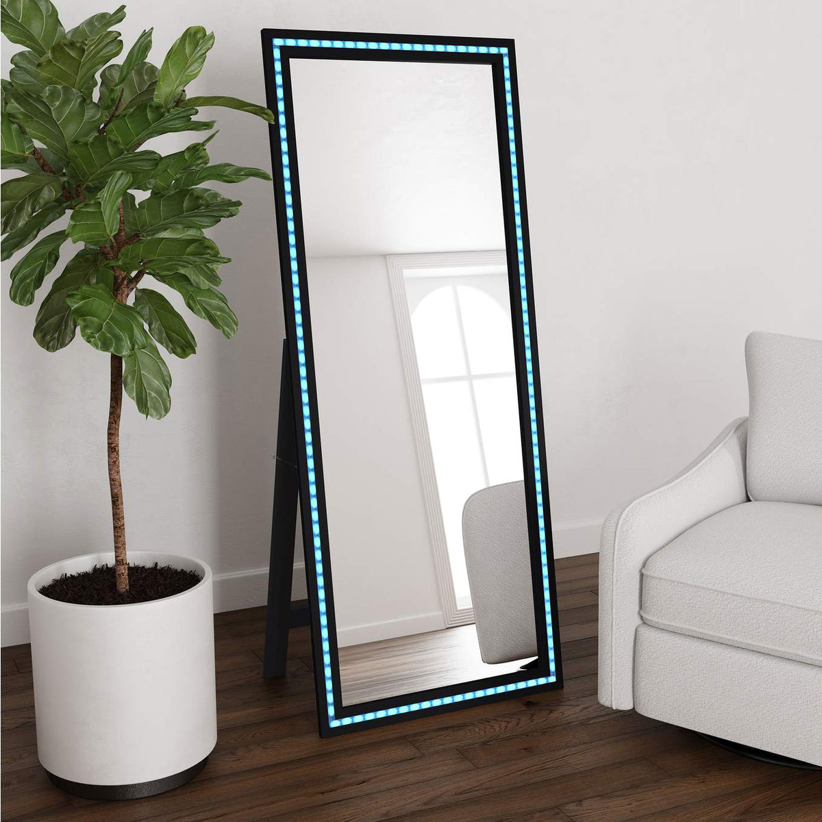 960962 Windrose 28 x 67 Inch Tempered LED Standing Mirror Black
