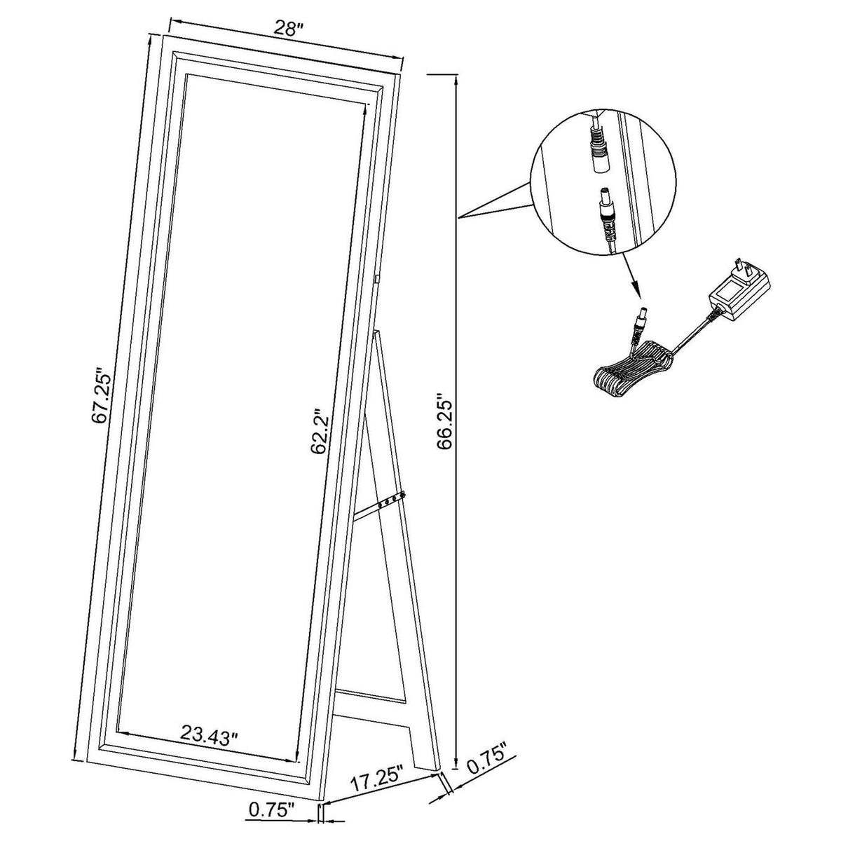 960962 Windrose 28 x 67 Inch Tempered LED Standing Mirror Black