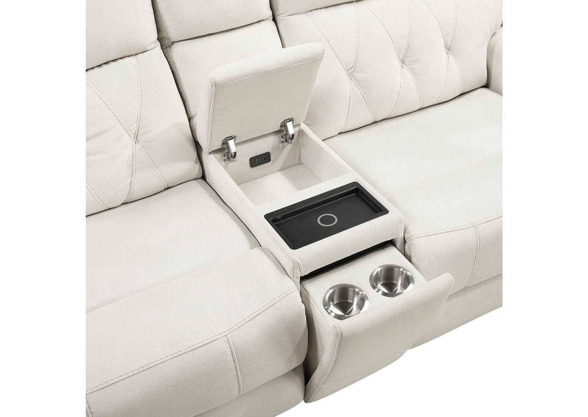 9670BE-2PWH Power Double Reclining Love Seat with Center Console, Power Headrests, Hidden Arms Cup Holders, Charging Ports and Wireless Charger