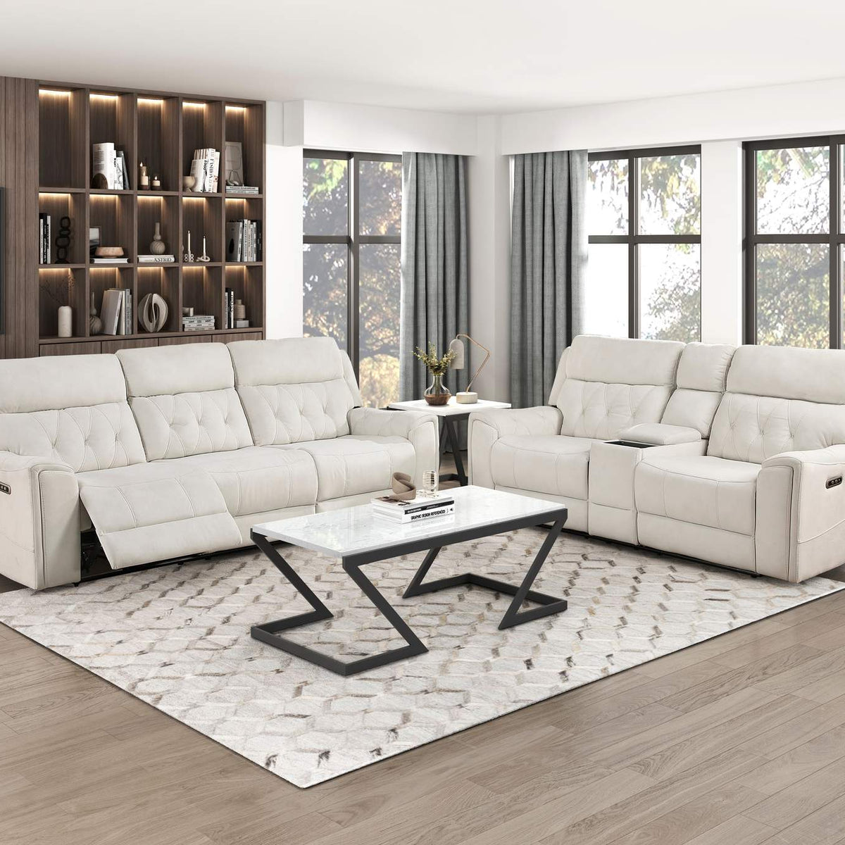 9670BE-2PWH Power Double Reclining Love Seat with Center Console, Power Headrests, Hidden Arms Cup Holders, Charging Ports and Wireless Charger