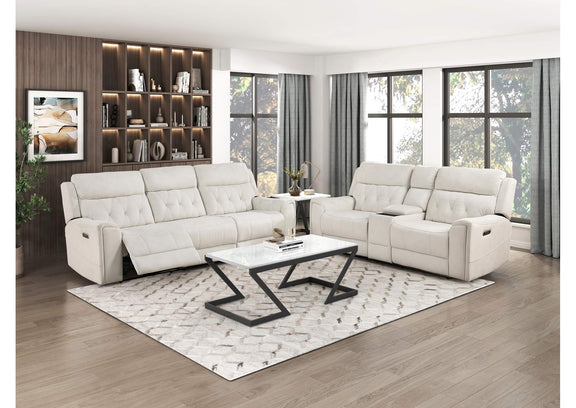 9670BE-2PWH Power Double Reclining Love Seat with Center Console, Power Headrests, Hidden Arms Cup Holders, Charging Ports and Wireless Charger